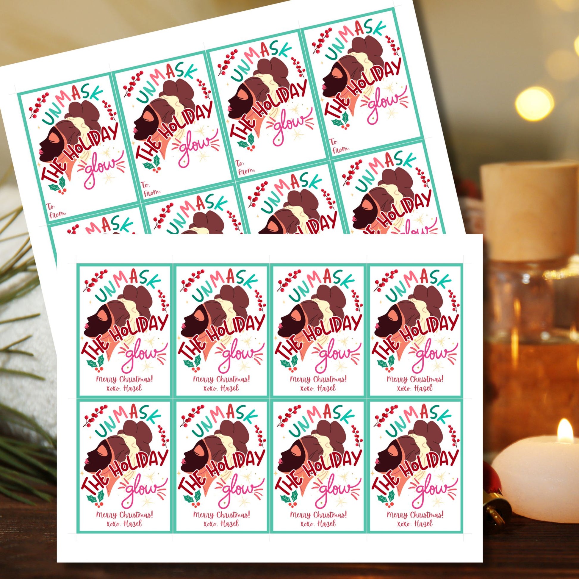 Christmas gift tags featuring a festive design with facial masks and the message "Unmask the Holiday Glow." These printable and editable tags are perfect for beauty gifts like skincare sets or facial masks, adding a touch of luxury to holiday presents.