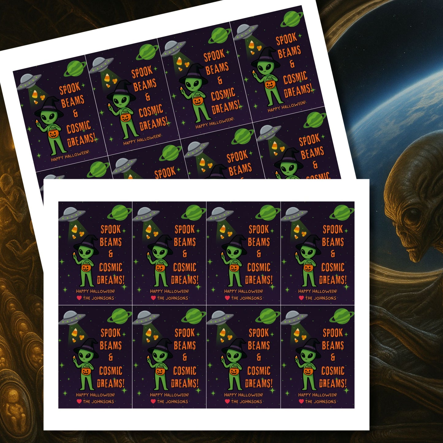 Halloween-themed stickers with alien designs and text on a dark background.