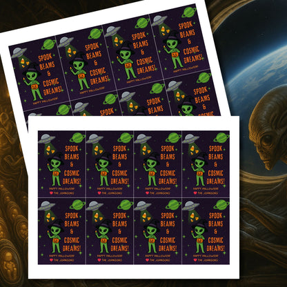 Halloween-themed stickers with alien designs and text on a dark background.