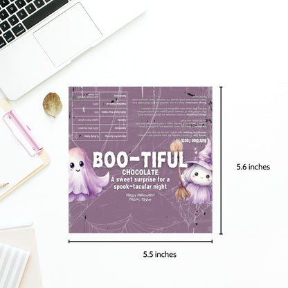 Printable and editable Boo/Ghost-themed Halloween chocolate bar wrapper featuring cute ghosts and witches, perfect for Halloween parties and treats.