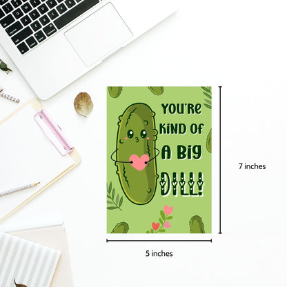 Printable Valentine’s Day Greeting Card featuring the phrase “You’re Kind of a Big Dill” with a fun dill design. Designed as a 5x7 PDF on an 8.5 x 11 sheet with two cards per page. A punny and unique Valentine’s card for loved ones.