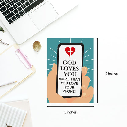 A Christian-themed printable Valentine’s Day card featuring the message “God Loves You More Than You Love Your Phone.” Available in 5x7 PDF format and an 8.5 x 11 printable sheet (2 cards per page). Perfect for youth groups, faith-based encouragement, and Christian gifts.