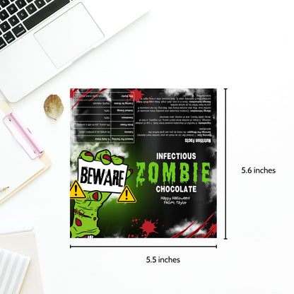 Printable and editable Zombie Halloween chocolate bar wrappers featuring spooky zombie hands and gory design, perfect for Halloween treats and parties.