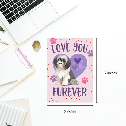 Printable Valentine’s Day Greeting Card featuring the pun “Love You Furever.” Designed as a 5x7 PDF on an 8.5 x 11 sheet with two cards per page. A cute and heartfelt Valentine’s card for pet lovers.