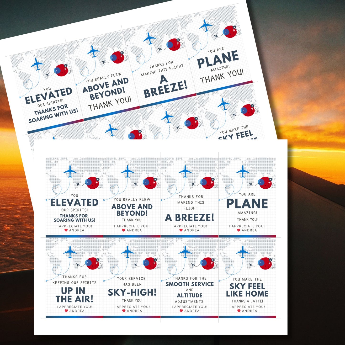 Printable aviation thank you gift tags in red, white, and blue colors with airplane design, ideal for flight crew appreciation gifts.