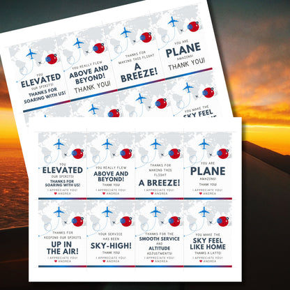 Printable aviation thank you gift tags in red, white, and blue colors with airplane design, ideal for flight crew appreciation gifts.