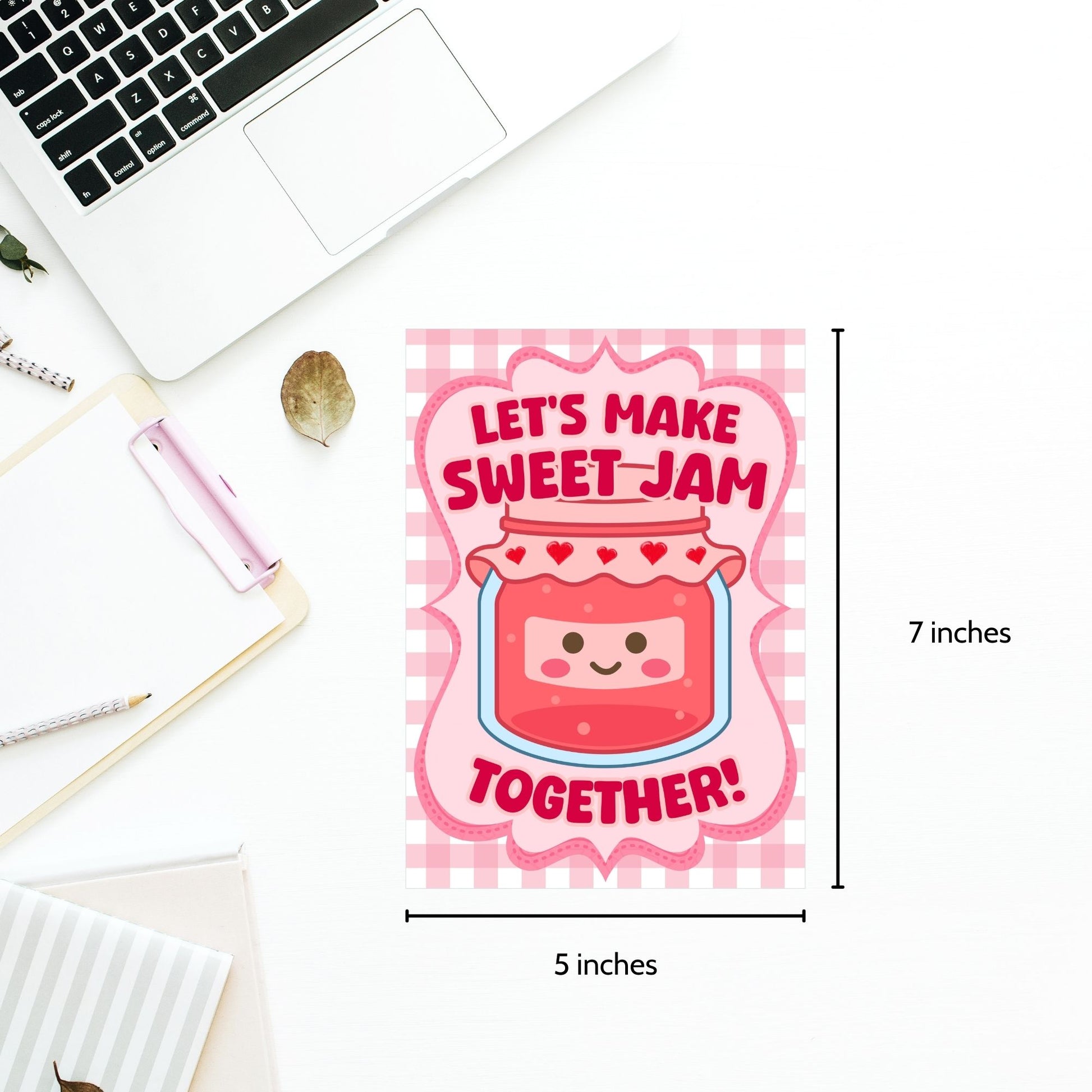 Printable Valentine’s Day Greeting Card featuring the phrase “Let’s Make Sweet Jam Together” with a berry and jam theme. Designed as a 5x7 PDF on an 8.5 x 11 sheet with two cards per page. A sweet and punny Valentine’s card for loved ones.