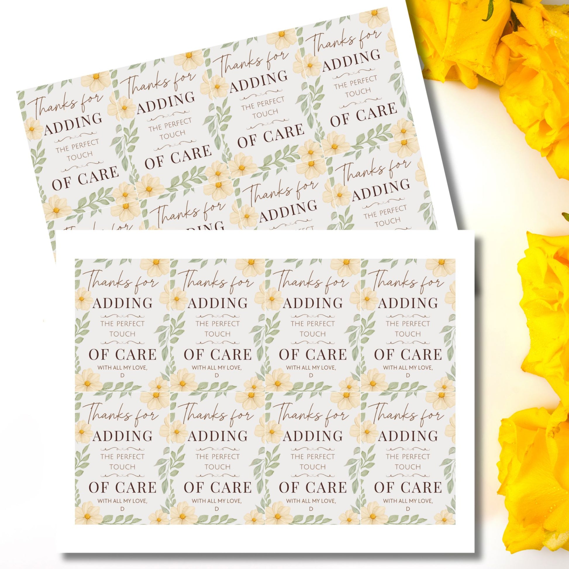 Two sheets of decorative stickers with floral designs and text on a white background.