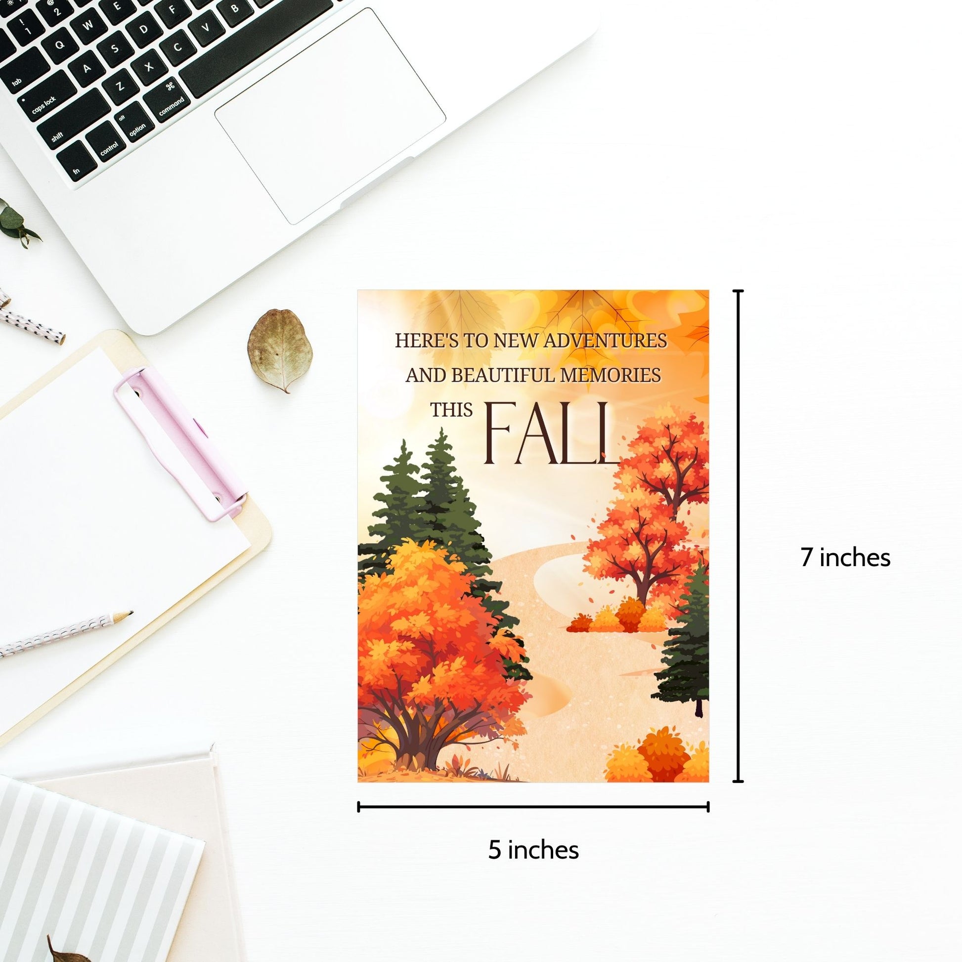 Printable Fall Greeting Card with a serene autumn path and colorful trees, featuring the message 'Here's to New Adventures and Beautiful Memories This Fall,' ideal for seasonal greetings.