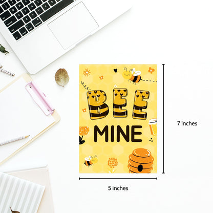 Printable Valentine’s Day Greeting Card featuring the phrase “Bee Mine.” Designed as a 5x7 PDF on an 8.5 x 11 sheet with two cards per page. A cute and charming Valentine’s card for bee lovers.