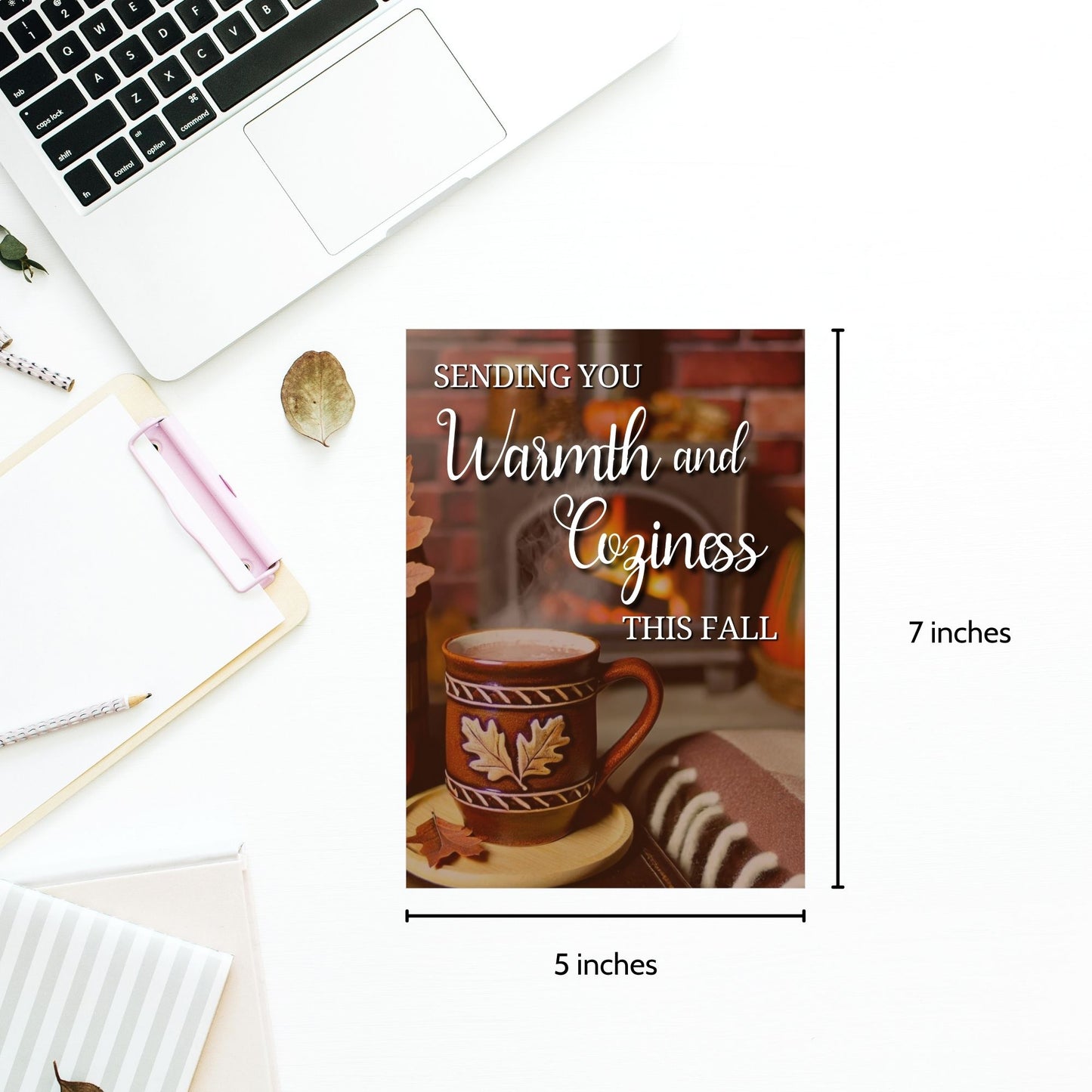 Printable Fall Greeting Card with a cozy scene featuring a steaming mug and fireplace, and the message 'Sending You Warmth and Coziness This Fall,' ideal for autumn greetings.