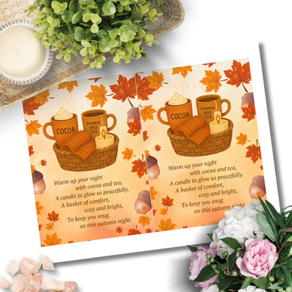 Autumn-themed placemat with mugs of cocoa, tea, and a candle, surrounded by flowers and a plant.