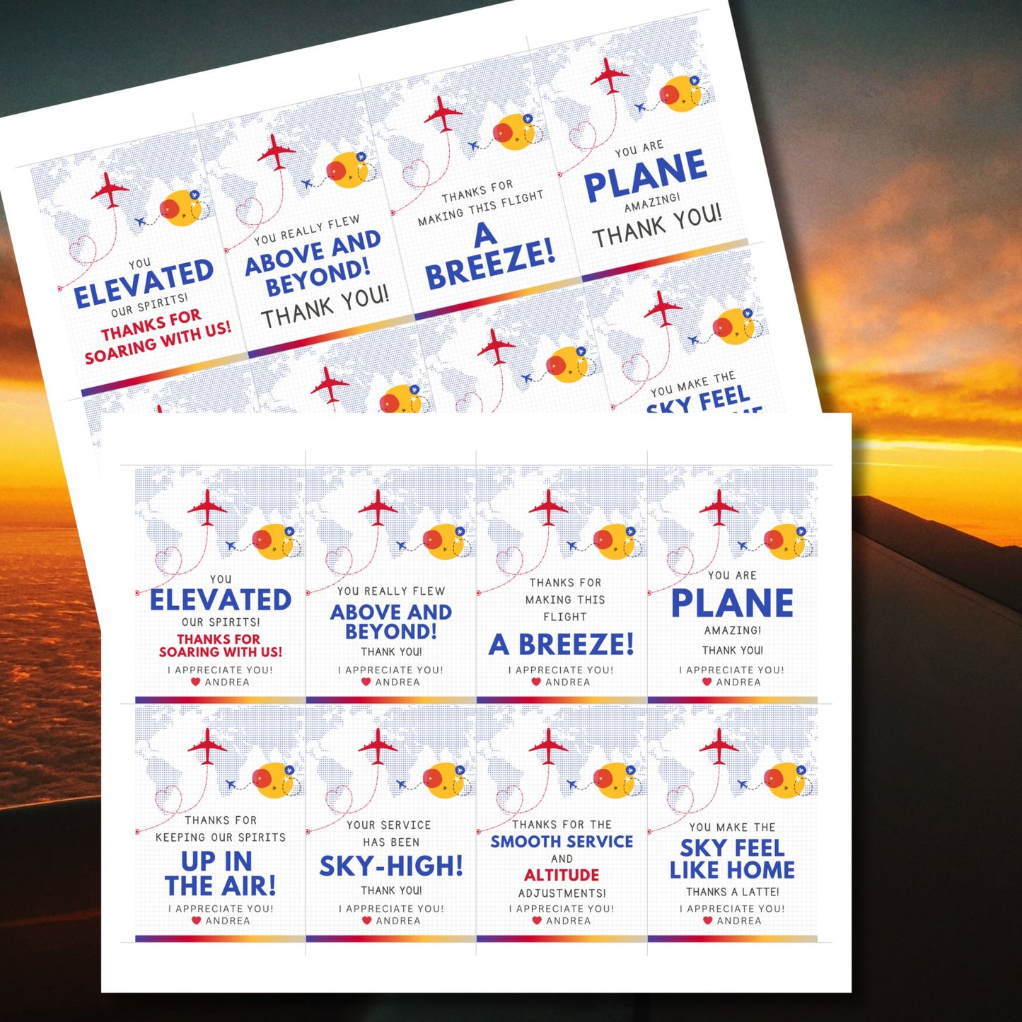 Printable aviation thank you gift tags with bright red, blue, and sunset tones, designed for fun and cheerful flight crew appreciation gifts.