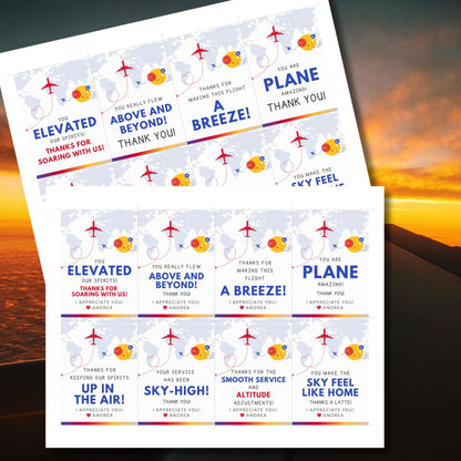 Printable aviation thank you gift tags with bright red, blue, and sunset tones, designed for fun and cheerful flight crew appreciation gifts.