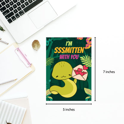 Printable Valentine’s Day Greeting Card featuring the phrase “I'm Sssmitten With You” with a snake theme. Designed as a 5x7 PDF on an 8.5 x 11 sheet with two cards per page. A playful and unique Valentine’s card for snake lovers.