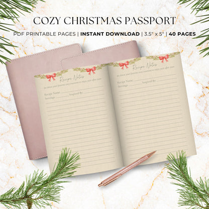 Cozy Christmas Passport Printable – 40-page hygge holiday journal with watercolor illustrations, tasting logs, self-care pages, and winter reflections.