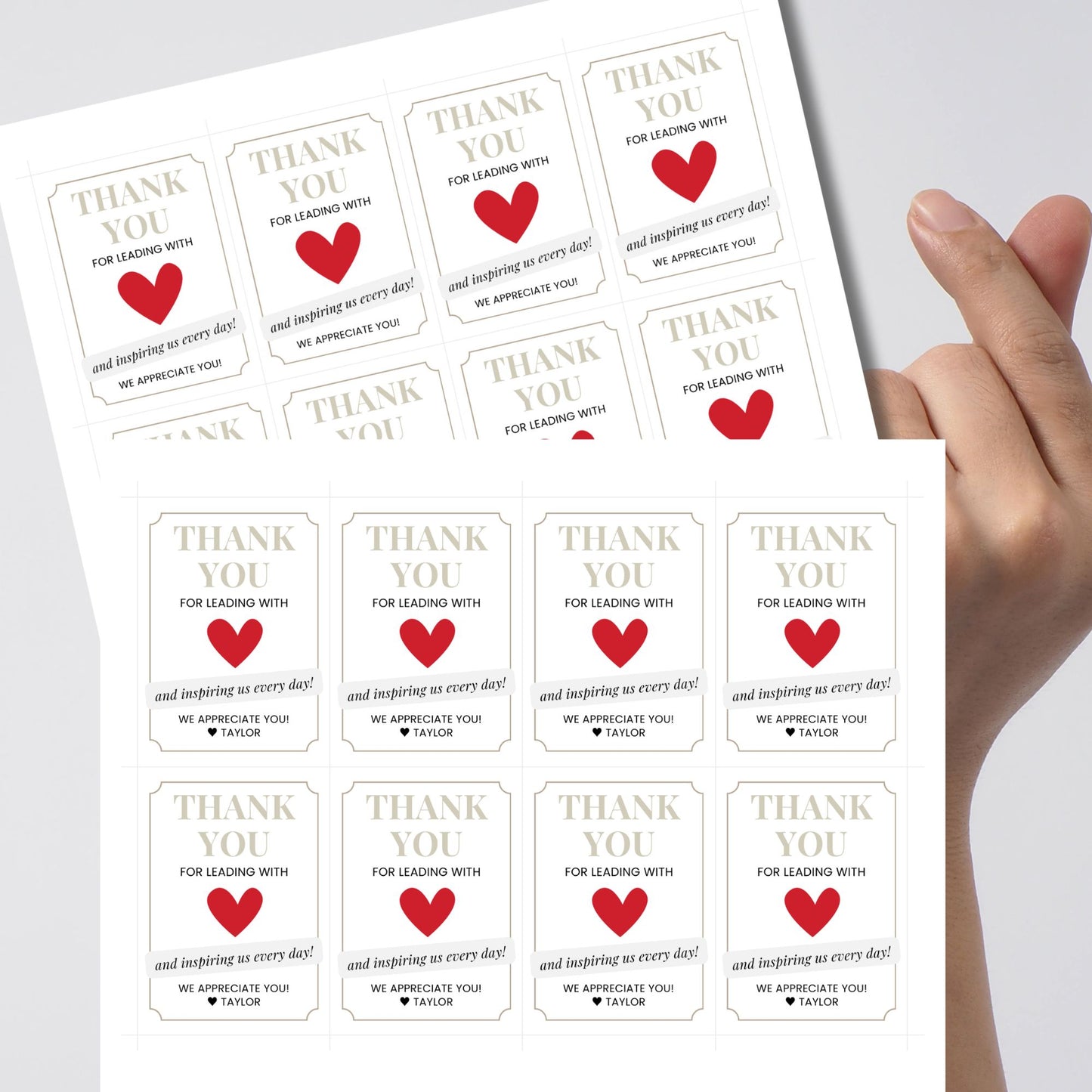 Editable National Boss's Day gift tags featuring a red heart with the message "Thank You for Leading with Heart" and customizable text to show appreciation. Tags are 2.5 x 3.5 inches, 8 per sheet.