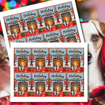 Christmas gift tags featuring a cozy dog and cat cuddled under a festive blanket by a snowy window, with the message "Holiday Snuggles from Your Best Friend." These printable and editable tags add warmth and charm to holiday gifts.