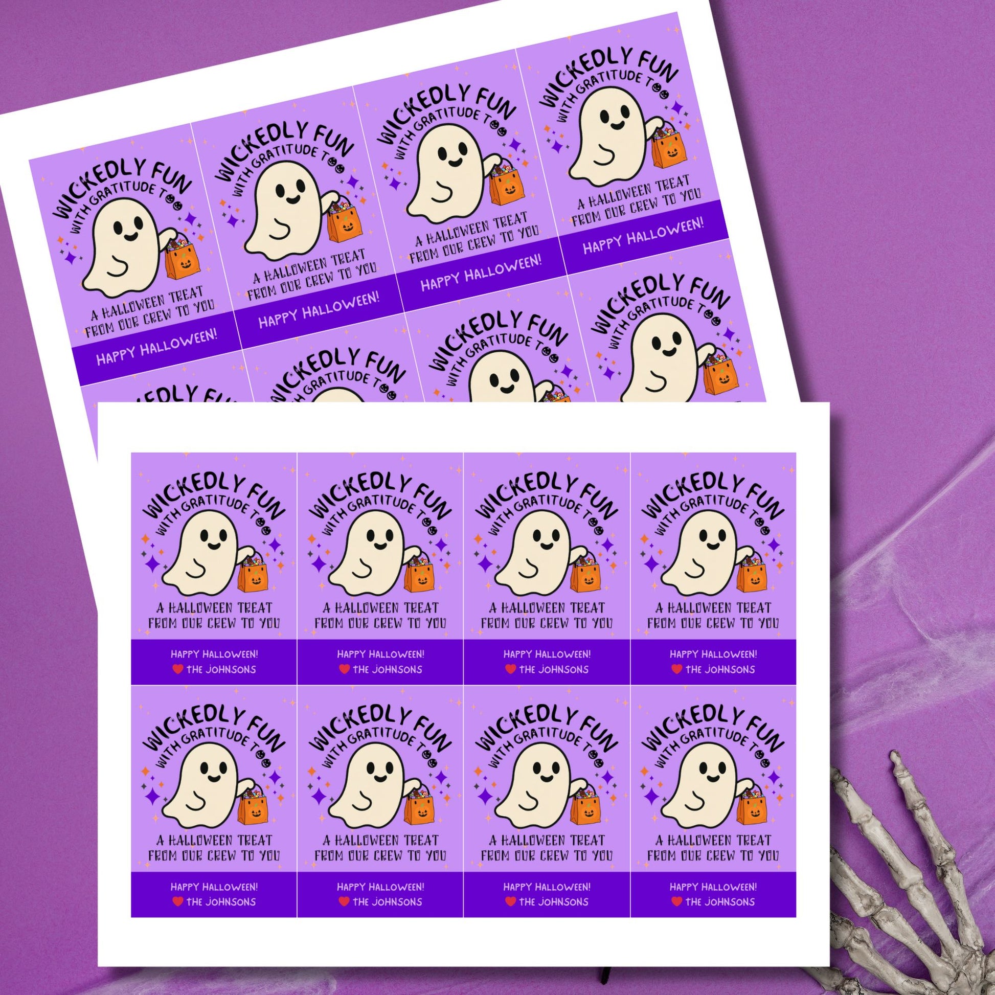 Halloween treat labels with ghost illustrations on a purple background