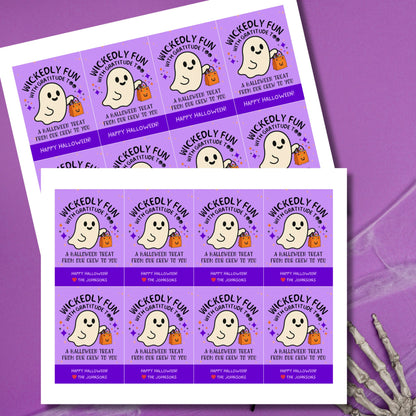 Halloween treat labels with ghost illustrations on a purple background