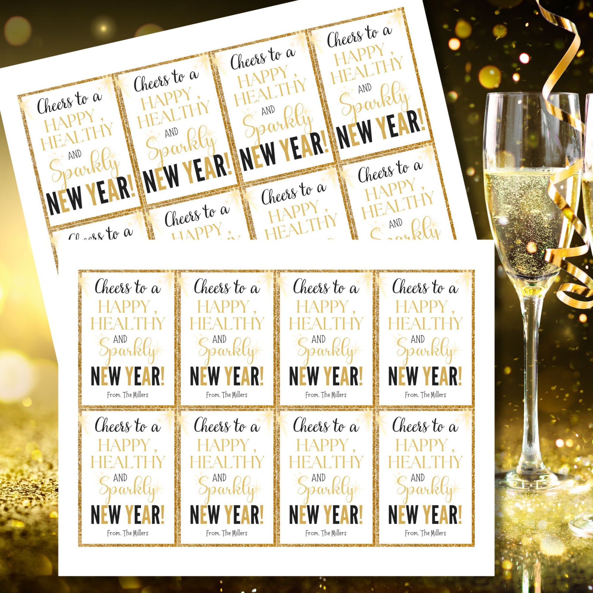 Gold and glittery editable printable New Year gift tags reading “Cheers to a Happy, Healthy, and Sparkly New Year!” laid out on an 8.5 x 11 sheet with 8 tags.