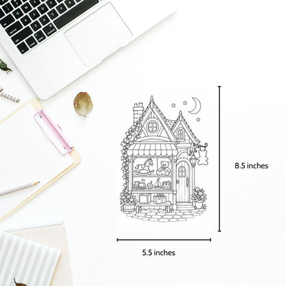 Tiny Shops After Dark printable coloring book featuring detailed miniature storefronts, moonlit shop scenes, and colorful illustrated covers.