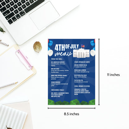 Editable 4th of July BBQ menu with patriotic red, white, and blue theme featuring food sections for grilling, sides, desserts, and drinks – fully customizable in Canva, printable in 8.5x11 format.