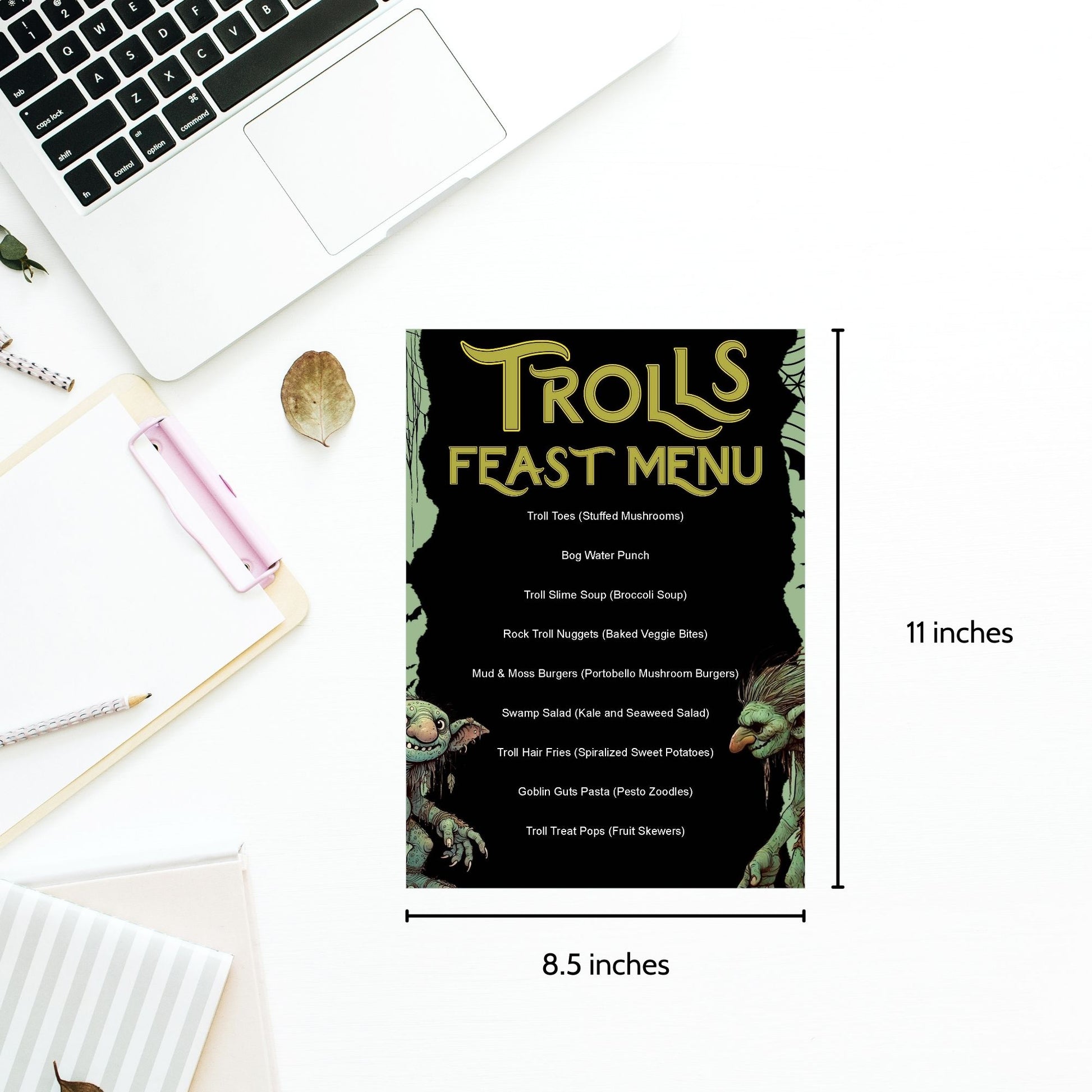 Editable Trolls Feast Menu featuring spooky, fantasy-themed food items like Troll Toes, Bog Water Punch, and Goblin Guts Pasta, perfect for Halloween or fantasy-themed parties.