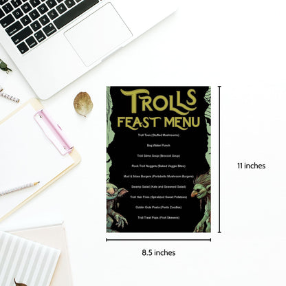 Editable Trolls Feast Menu featuring spooky, fantasy-themed food items like Troll Toes, Bog Water Punch, and Goblin Guts Pasta, perfect for Halloween or fantasy-themed parties.