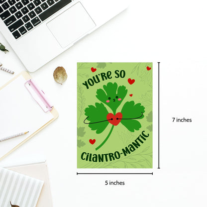 Printable Valentine’s Day Greeting Card featuring the phrase “You’re So Cilantromantic” with a playful cilantro design. Designed as a 5x7 PDF on an 8.5 x 11 sheet with two cards per page. A punny and romantic Valentine’s card for loved ones.