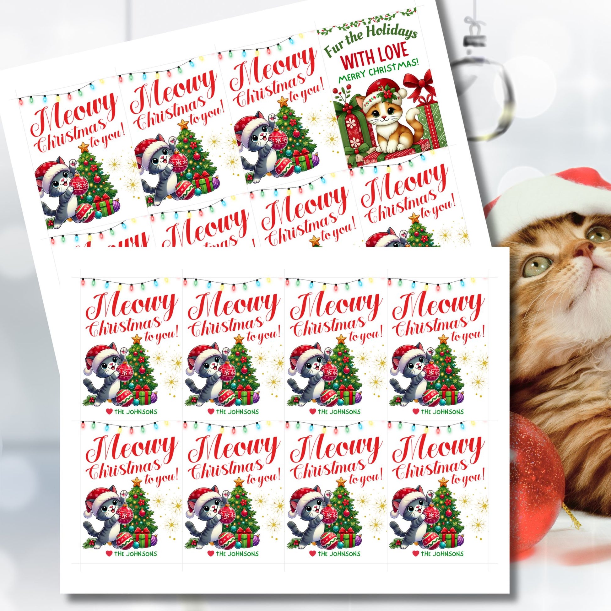 Christmas gift tags featuring a cute kitten in a Santa hat with a festive tree and gifts, paired with the message "Meowy Christmas to you!" These printable and editable tags add a playful, festive touch to holiday gifts for cat lovers.