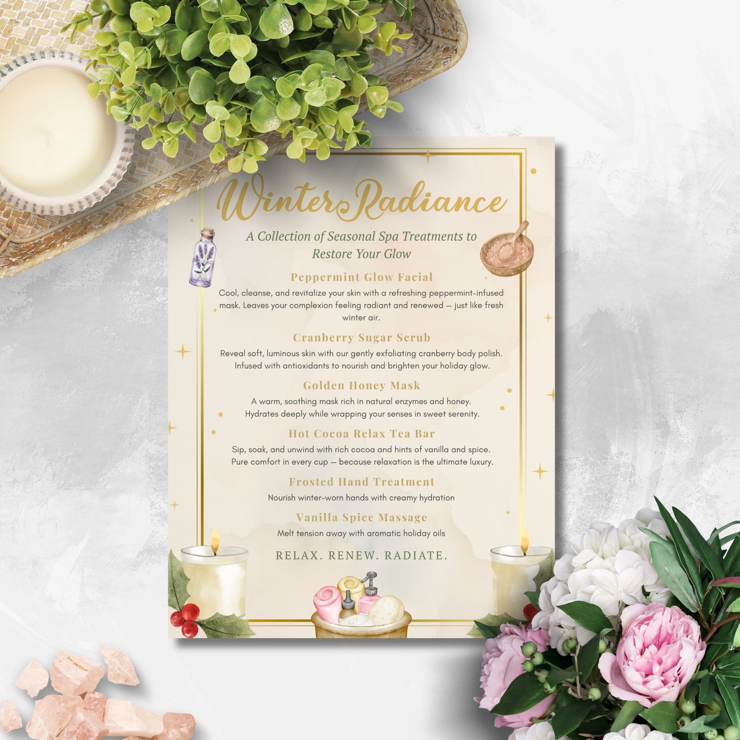 Spa treatment menu titled 'Winter Radiance' with candles, flowers, and a plant on a light background