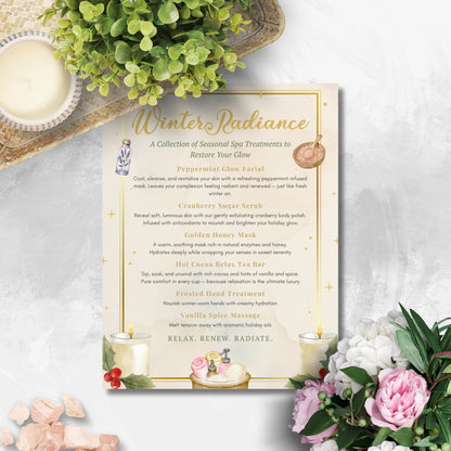 Spa treatment menu titled 'Winter Radiance' with candles, flowers, and a plant on a light background