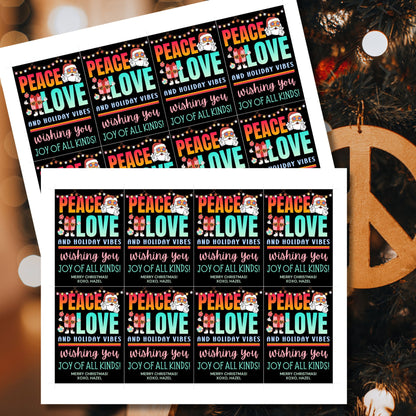 Colorful hippie-themed holiday gift tags with bold retro fonts, peace and love design elements, and Santa Claus in groovy style.