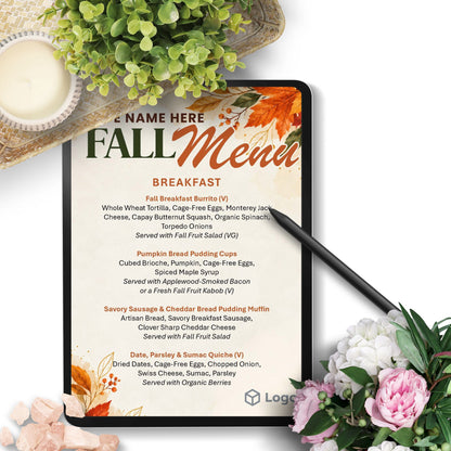 Editable Fall Menu Template featuring warm autumn leaves, seasonal watercolor accents, customizable menu text, café name, and logo placeholder.