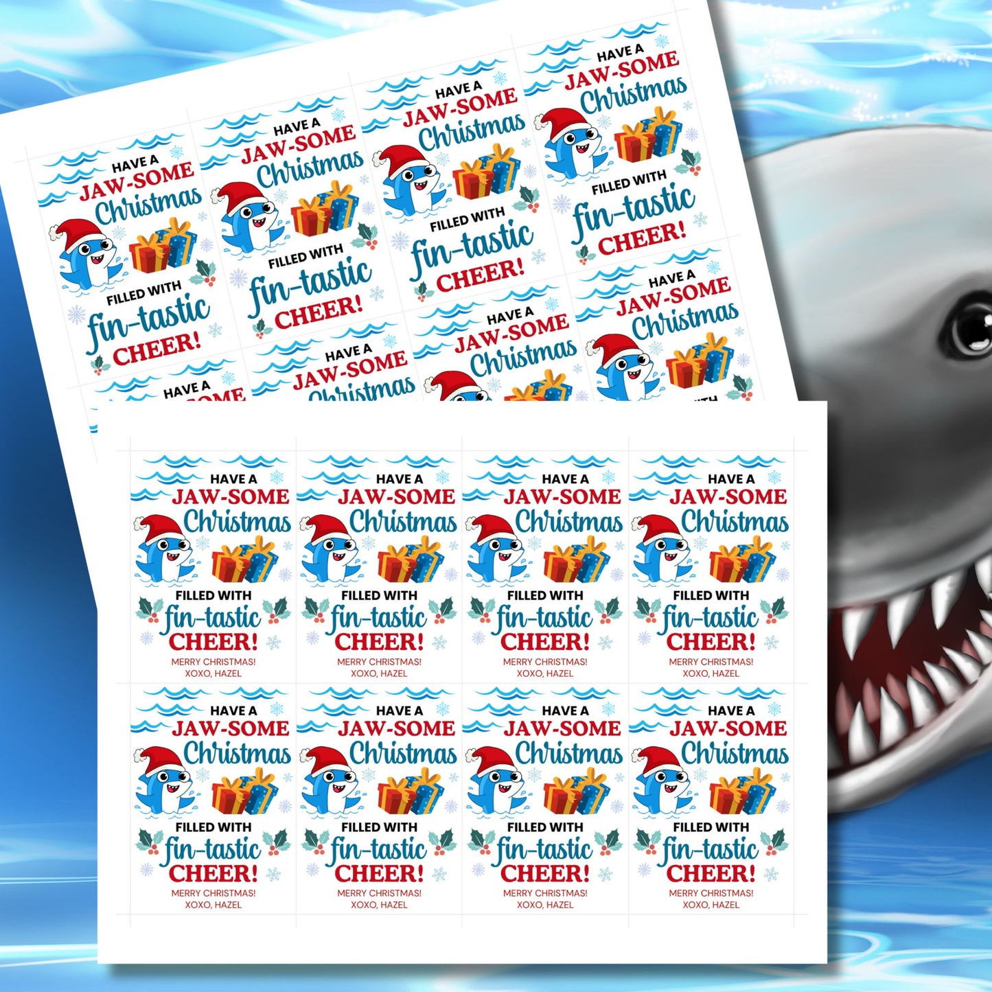 Festive shark-themed holiday gift tags featuring a smiling shark wearing a Santa hat, surrounded by waves, holly, and presents, with the message 'Have a JAW-some Christmas filled with fin-tastic cheer!' Perfect for personalized Christmas gifts.