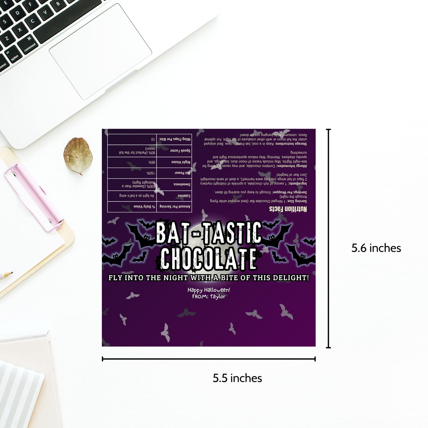 Printable and editable bat-themed Halloween chocolate bar wrapper featuring bats and a full moon, perfect for spooky treats and Halloween parties.