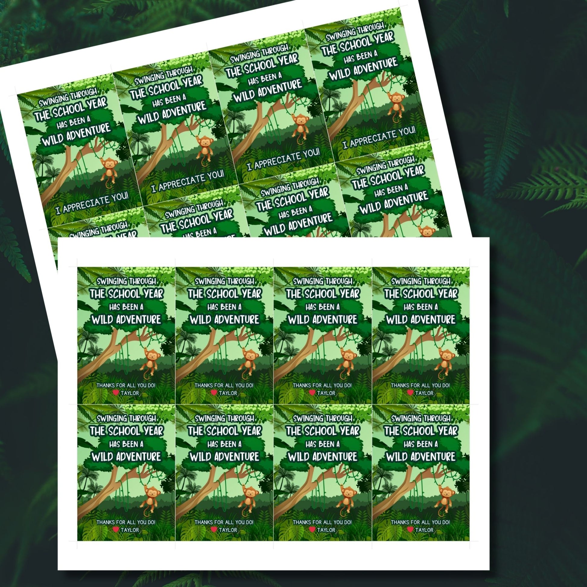 Jungle-themed teacher appreciation gift tags featuring a swinging monkey with the message "Swinging Through the School Year Has Been a Wild Adventure," sized 2.5 x 3.5 inches, laid out 8 per sheet on an 8.5 x 11-inch printable page. Includes editable Canva template for personalization.