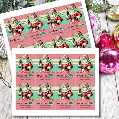 Retro-inspired Christmas gift tags featuring a vintage Santa holding a candy cane, with the text "Jolly Greetings from the 50s." These printable and editable tags evoke a nostalgic holiday vibe, perfect for adding a classic touch to Christmas gifts.