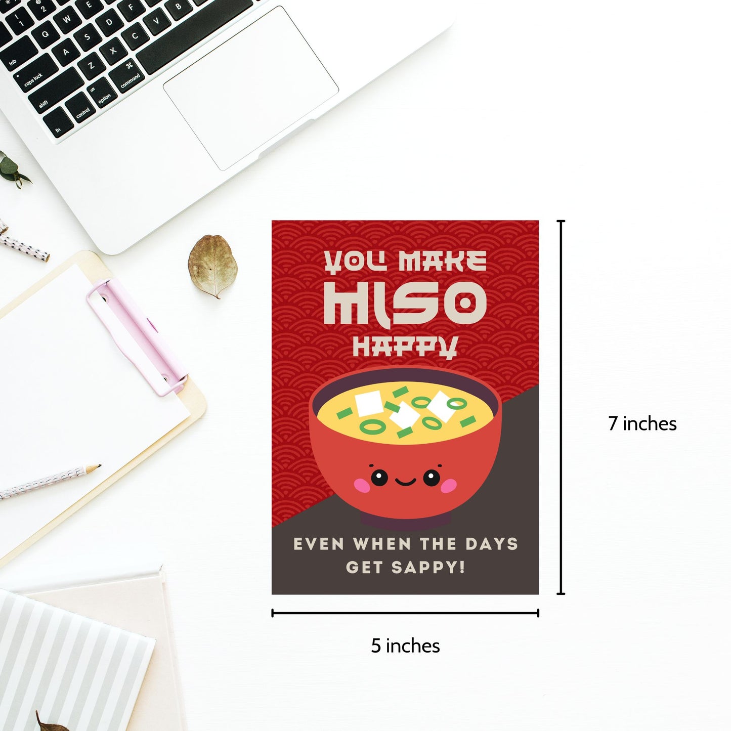 Printable 5x7 greeting card featuring a smiling bowl of miso soup and the message “You Make Miso Happy,” perfect for friends, teachers, or moms. Available as a PDF instant download.