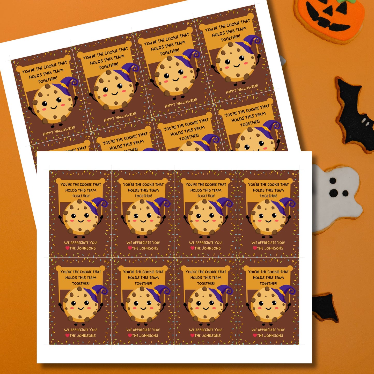 Halloween-themed printable gift tags featuring a cute cookie character in a witch's hat with a sign reading, "You're the cookie that holds this team together!" Tags are 2.5 x 3.5 inches, laid out 8 per sheet on a standard 8.5 x 11-inch page. Includes a printable PDF and a PDF with a link to an editable Canva template.