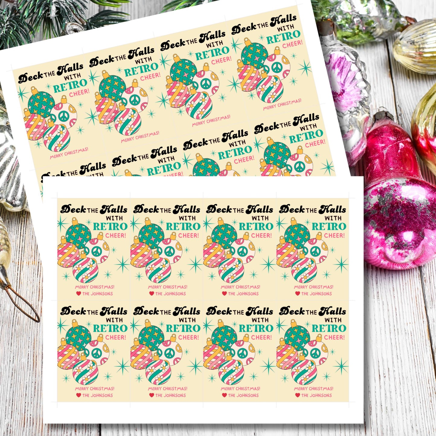 Retro-inspired Christmas gift tags featuring colorful ornaments with peace signs and stripes, paired with the message "Deck the Halls with Retro Cheer!" These printable and editable tags add a cheerful, nostalgic touch to holiday gifts.