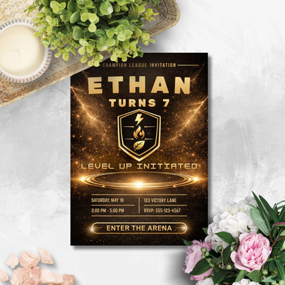 Editable luxury black and gold monster trainer inspired birthday invitation with glowing arena, elite badge, and customizable party details in Canva