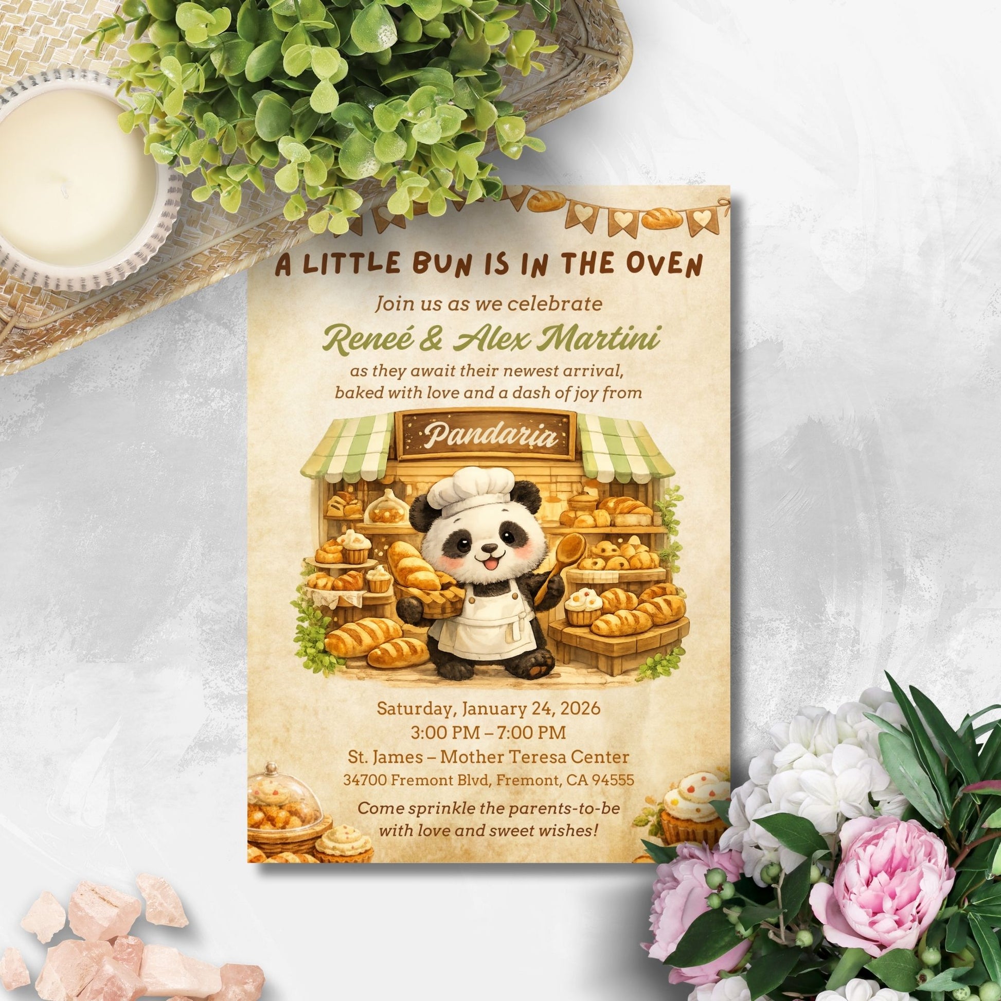 Editable Pandaria panda bakery themed invitation featuring a cute panda baker surrounded by artisan bread and warm bakery details. Whimsical 5x7 Canva invitation perfect for baby showers, birthdays, and bakery-themed celebrations.