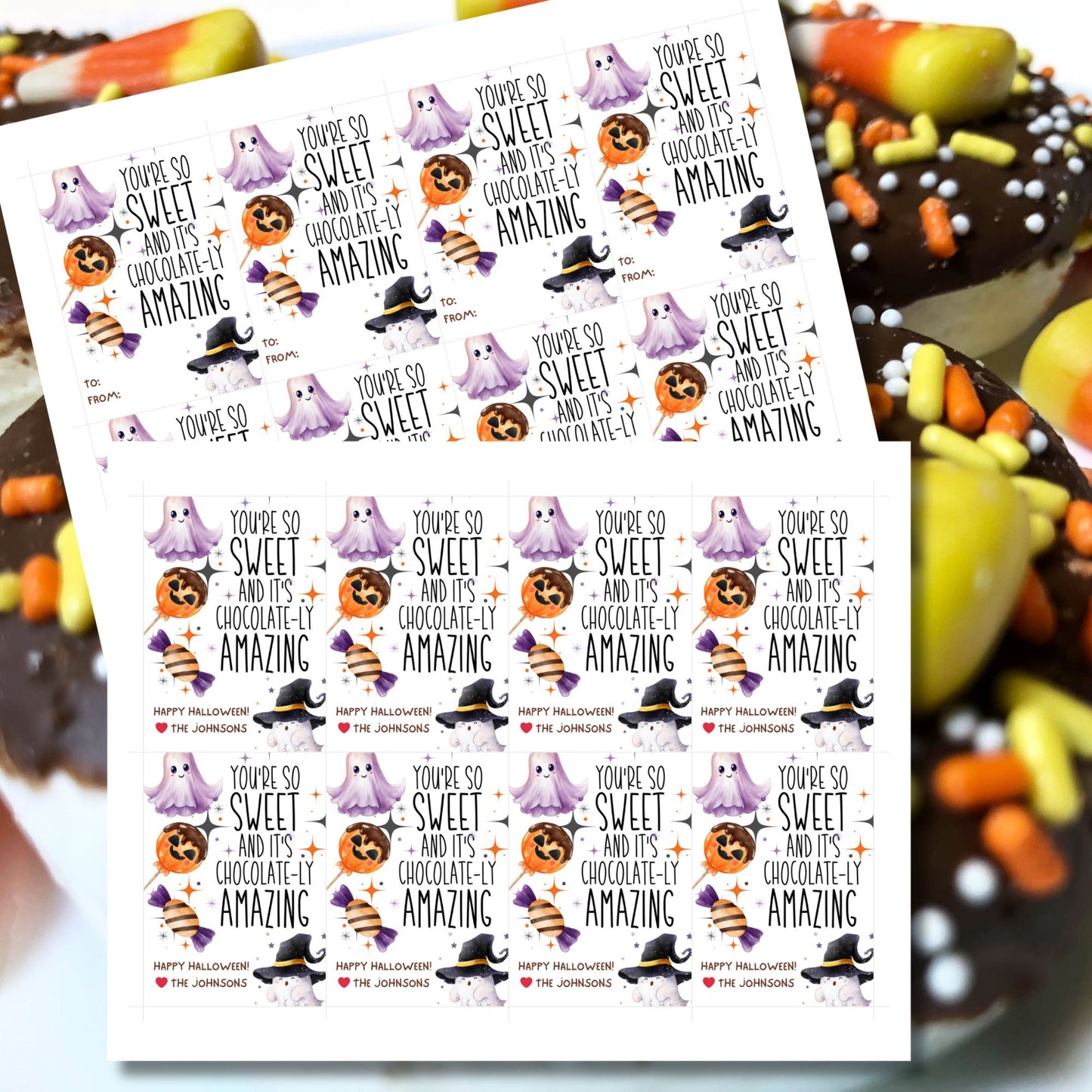 Halloween-themed printable gift tags with the message "You're So Sweet and It's Chocolate-ly Amazing" featuring cute ghosts, witches' hats, and chocolate candies. Tags are 2.5 x 3.5 inches, laid out 8 per sheet on a standard 8.5 x 11-inch page. Includes a printable PDF and a PDF with a link to an editable Canva template.