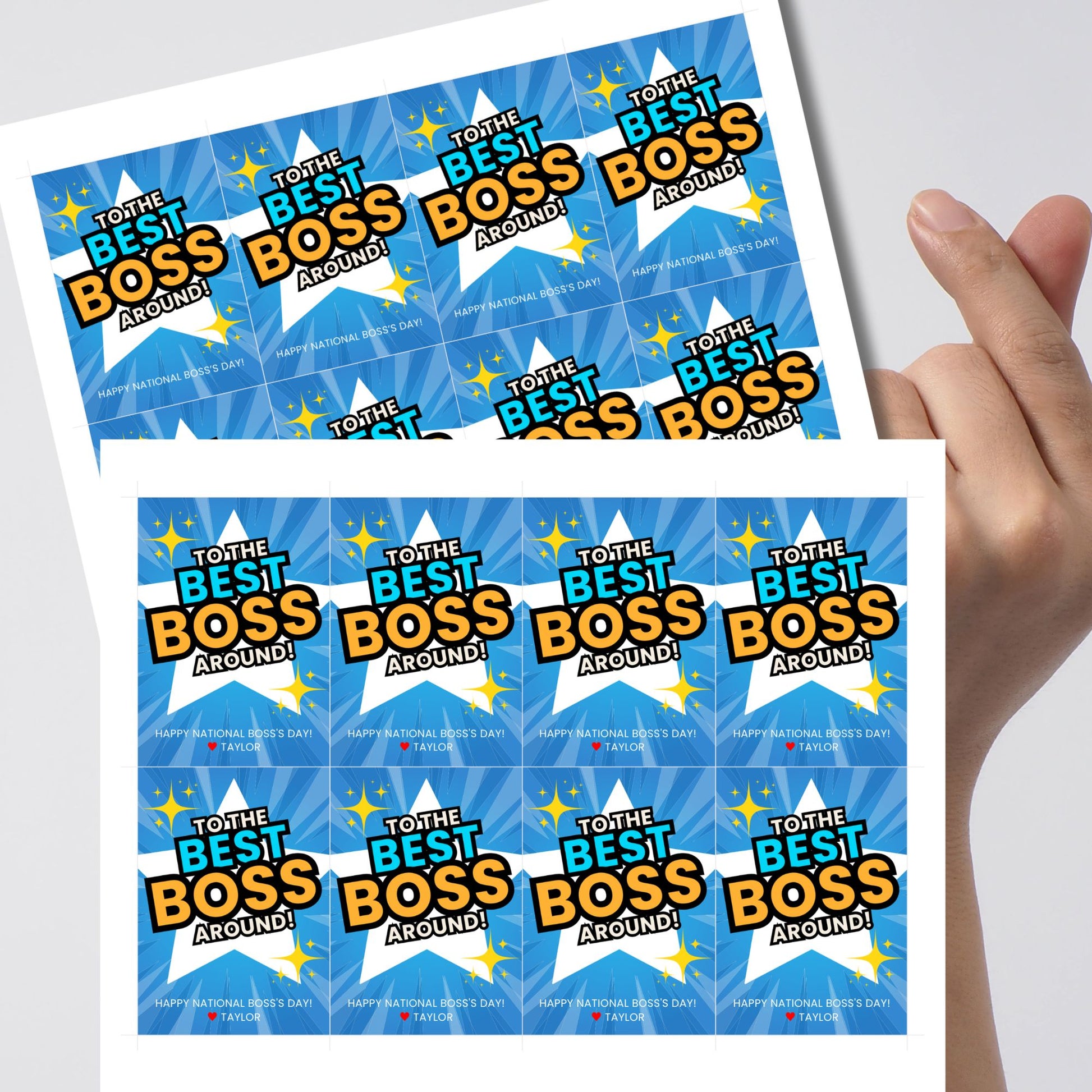 Editable National Boss's Day gift tags with the bold message "To the Best Boss Around!" against a bright blue and starburst background. Each tag is 2.5 x 3.5 inches, 8 per sheet.