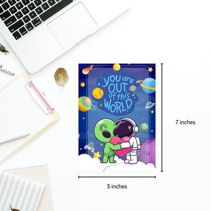 Printable Valentine’s Day Greeting Card featuring the phrase “You Are Out of This World.” Designed as a 5x7 PDF on an 8.5 x 11 sheet with two cards per page. A cosmic and fun Valentine’s card for space lovers.