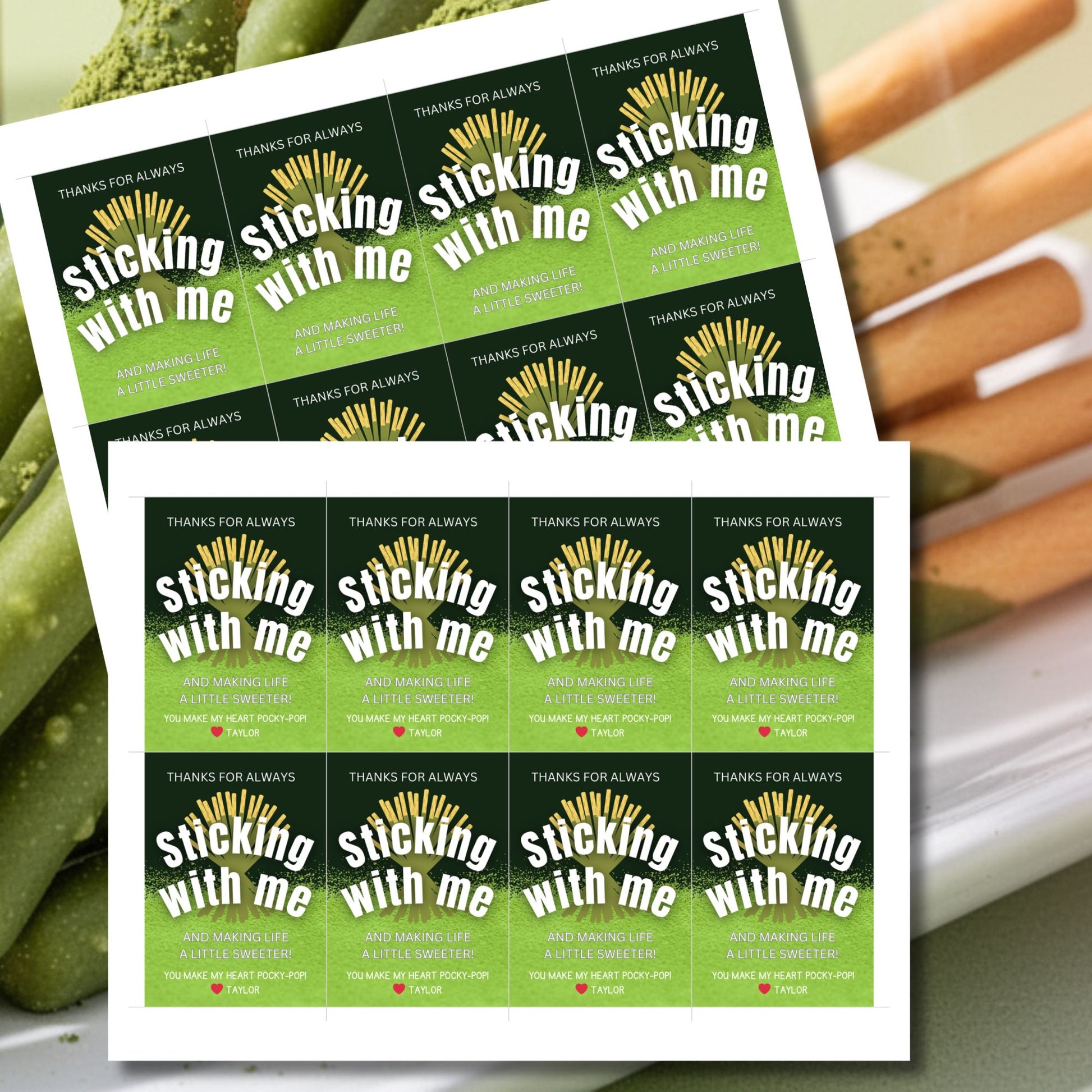 Matcha Pocky printable thank you gift tags in green reading “Thanks for Always Sticking With Me and Making Life a Little Sweeter,” 2.5x3.5 inches, 8 per 8.5x11 sheet, editable Canva template included.