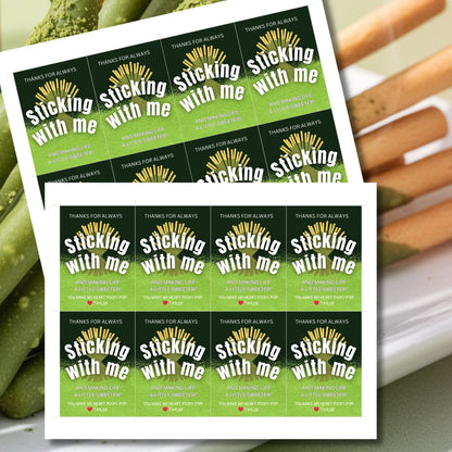 Matcha Pocky printable thank you gift tags in green reading “Thanks for Always Sticking With Me and Making Life a Little Sweeter,” 2.5x3.5 inches, 8 per 8.5x11 sheet, editable Canva template included.
