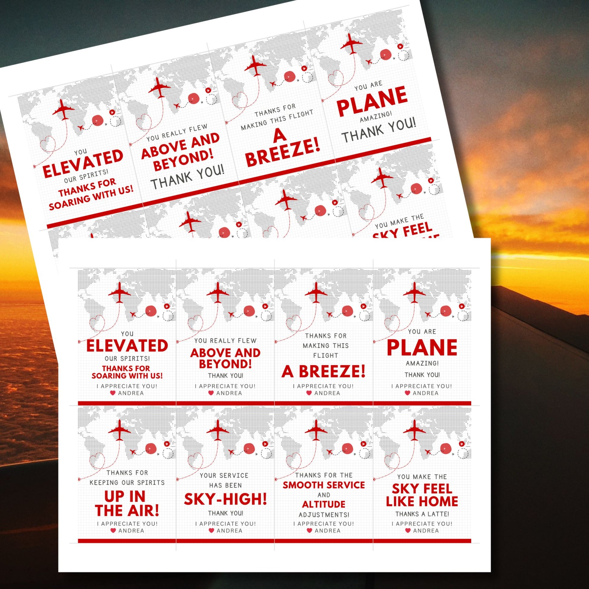 Printable aviation thank you gift tags in red and white minimalist design with airplane illustration, ideal for flight crew appreciation gifts.